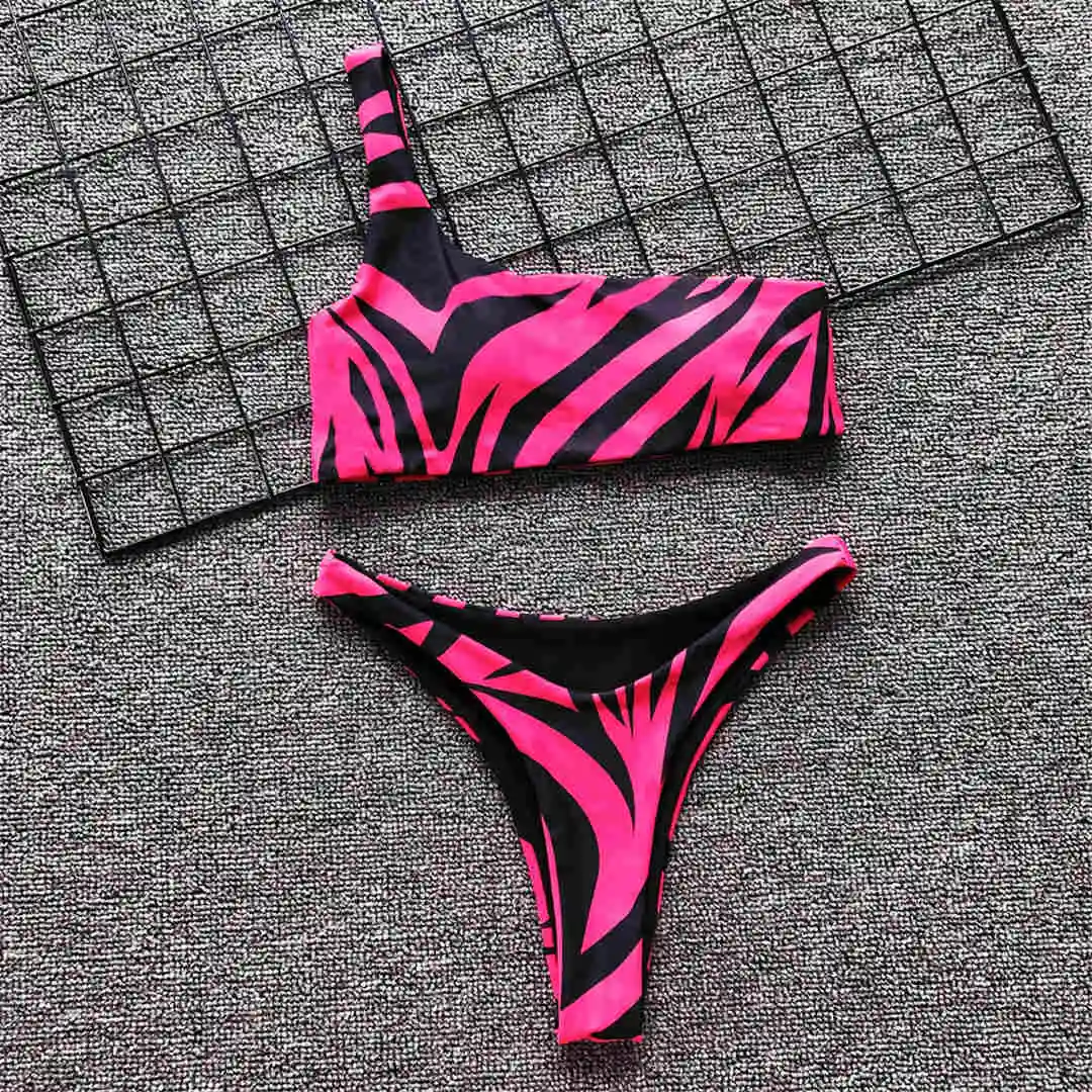 Сексуальное бикини на одно плечо, женская одежда для плавания, женский купальный костюм, комплект бикини из двух предметов, принт зебры, купальный костюм, купальный костюм, V1483 - Цвет: Hot Pink