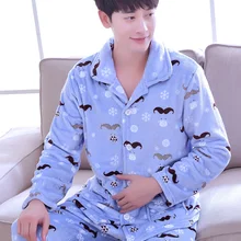 Пижамы для взрослых, 2 шт., Мужская утолщенная фланелевая Домашняя одежда с длинным рукавом, Мужская Повседневная Ночная одежда из кораллового флиса, темно-синий кардиган, D-2072