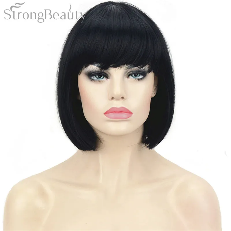 Kuat 10 Inch Lady Hitam Bob Wig Sintetis Pendek Lurus Cosplay Wig untuk