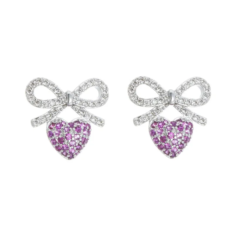 

925 sterling silver Stud earrings Lovely bowknot heart Set auger allergy Ladies fashion jewelry wholesale