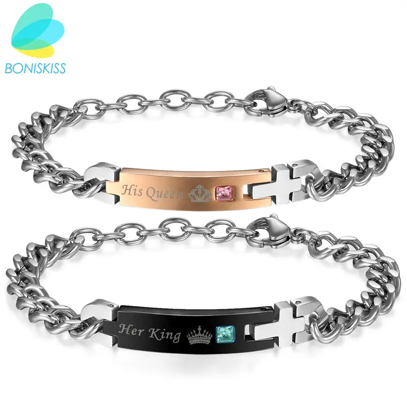 Boniskiss Self Design Unique Gift For Lover "His Queen""Her King " Couple Bracelets Stainless Steel Bracelets For Women Men