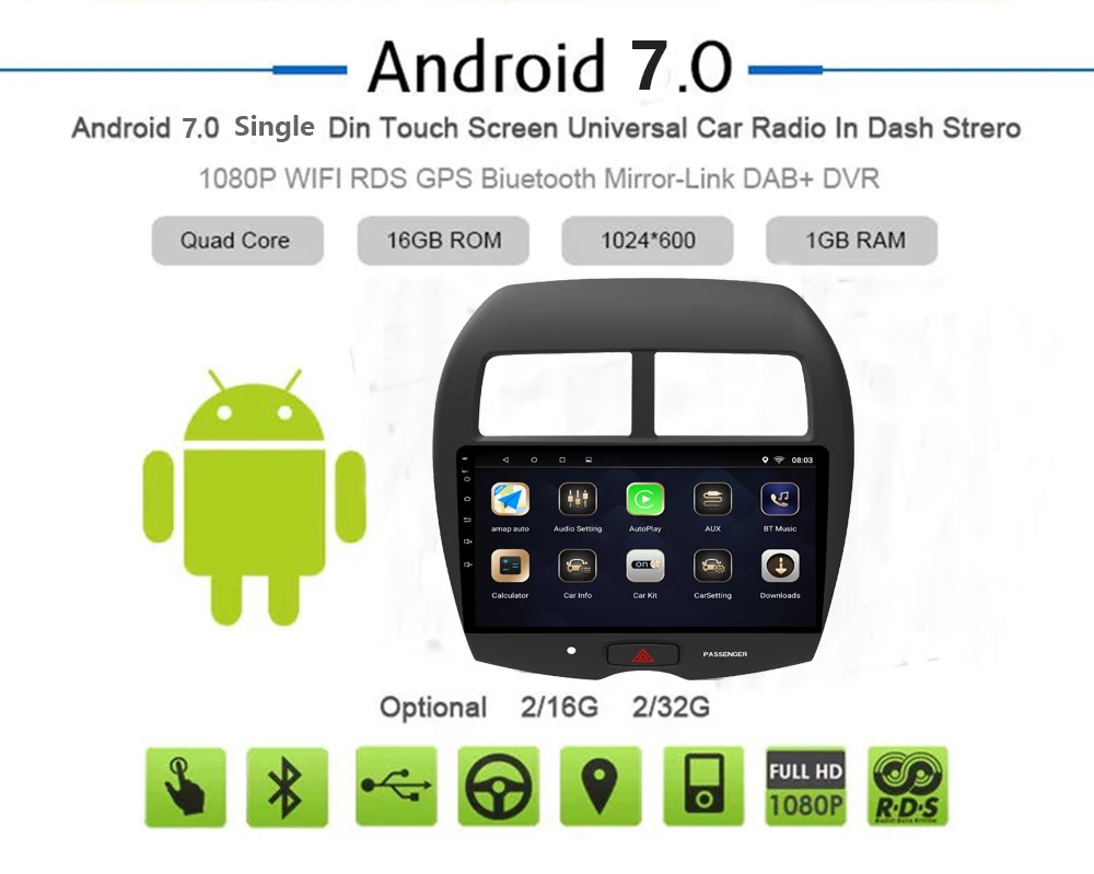 Sale Android 7.1 1 din Car DVD Multimedia Player For Mitsubishi ASX 2013-2018 GPS Navigation System With Canbus Carplay 3