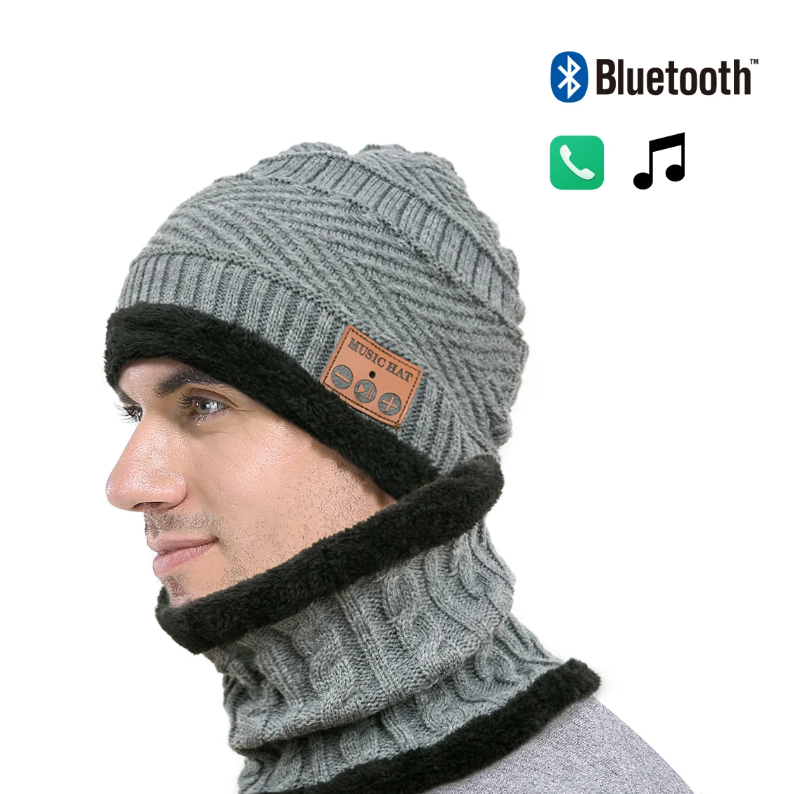 

2 PCS Set Bluetooth Hat Bib Plush Knit Caps Warmer Music Cap Black Gray Detachable For Women Men Thermal Hiking Hats