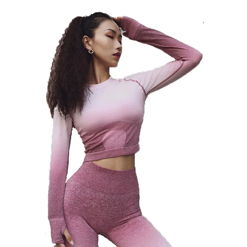 

UA ROCK Women Yoga Sport Gradient Color T Shirt Long Sleeves Hygroscopic Quick Dry Fitness T-shirt Women Gym Crop Tops