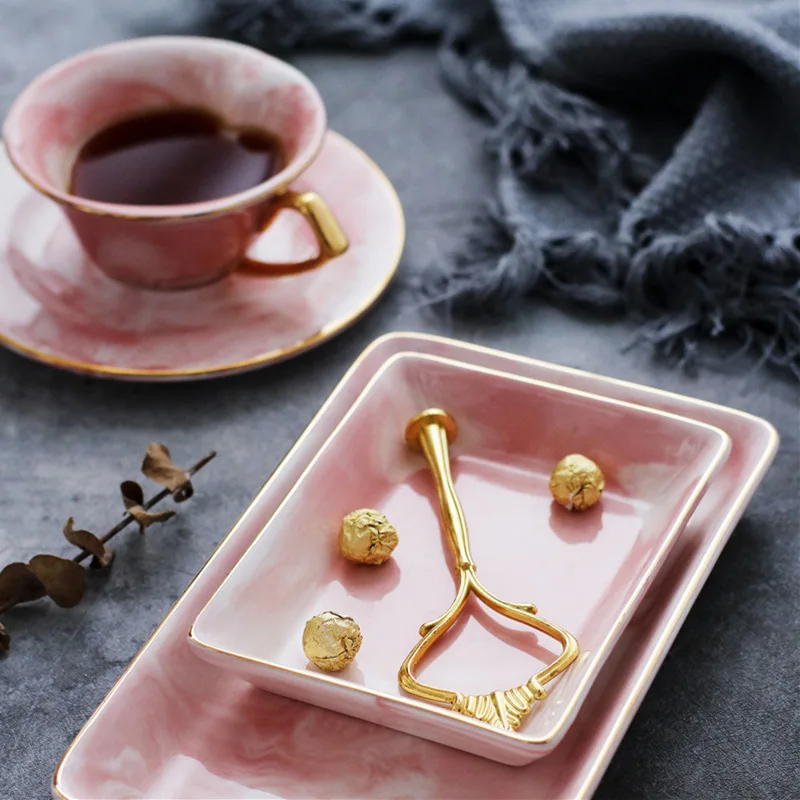 Creative Gold Marble Ceramic Plate Dish Dessert Food Plate Jewelry Ring Necklace Dish Bathroom Vanity Storage Tray Trinket