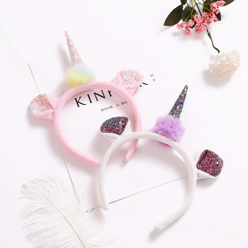 

5pcs Fashion Cute Glitter Unicorn Hairbands Bear Ears Fur Pom Pom Animal Hair Sticks Princess Headwear Girls Hair Accessories