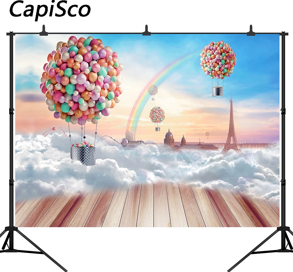 

Capisco Photography Background Balloons Rainbow Blue Sky Newborn Birthday Party Children Customized Backdrop for Photo Studio