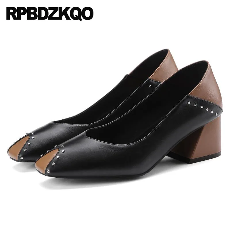 

Shoes Designer Brand Women Thick Medium Heels Multi Colored Size 4 34 10 42 Stud Square Toe Plus Luxury Genuine Leather Rivet