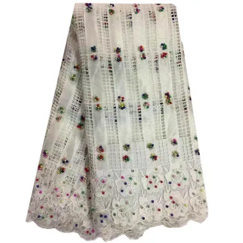 

African Lace fabric Hot Sell Mesh 2018 New Arrival white african guipure cord Lace Fabric High Quality With Colorful Beaded 54