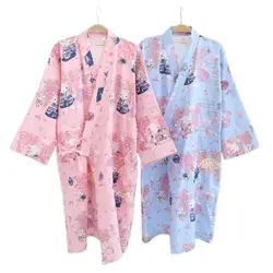 Пикантные лиса 100% хлопок кимоно халаты для женщин розовый с длинным рукавом простая Ночная рубашка японский Сакура кимоно SPA летние тонкие