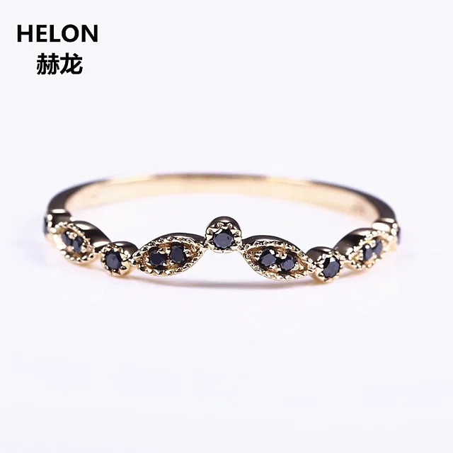 Solid 14k Yellow Gold Natural Black Diamonds Wedding Band Engagement Solid 14k Yellow Gold Natural Black Diamonds Wedding Band Engagement Ring Women Fine Jewelry Millgrain Art