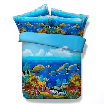 

3D Sea Fish Ocean comforter set princess Bedding sets cotton quilt duvet covers for boys King Queen size yellow home decoration