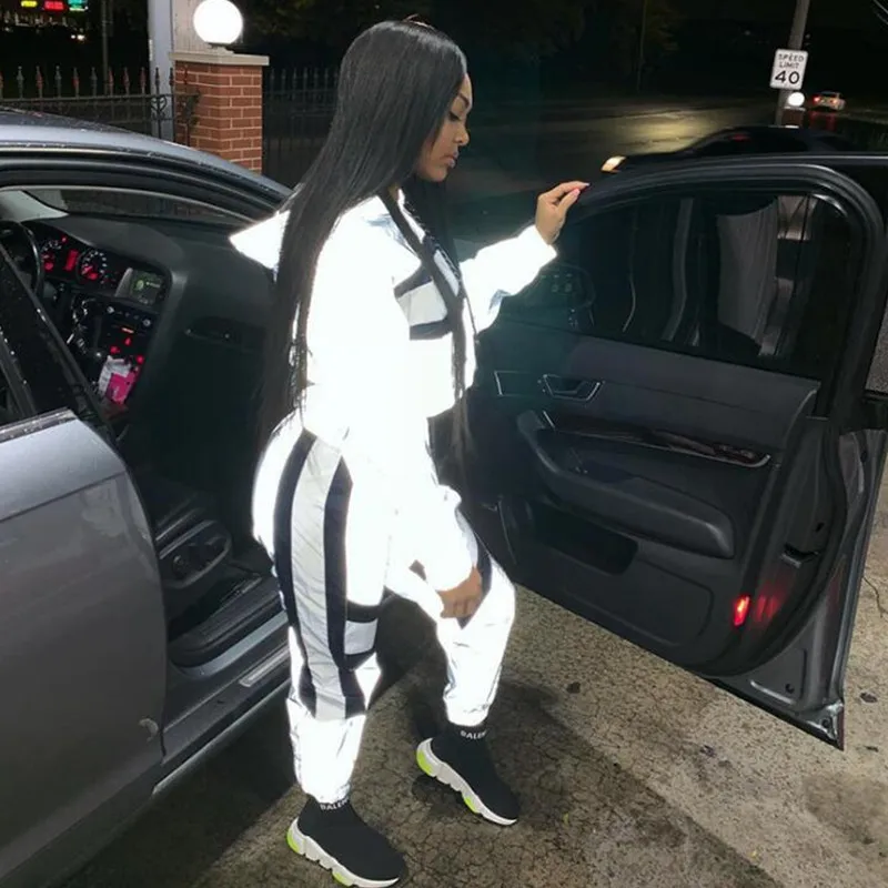 

Color Block Reflective Tracksuit Womans Outfits Streetwear Cute Silver Two Piece Set Top and Pants Sweat Suits