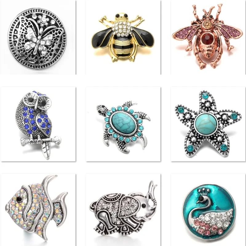 

XH8043 Crystal 18mm Elephant owl bee Butterfly fish Turtle Metal Snap button fit snap jewelry DIY