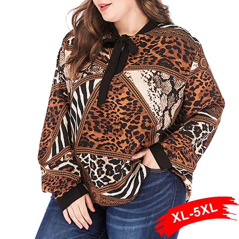 

Plus Size Bow Tie Neck Leopard And Zebra Print Long Puff Sleeve Blouse Spring Highstreet Shirts Chi Tops Women'S Blusa Leopard
