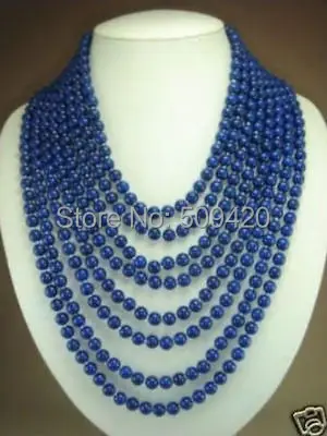 >>> 8 рядов очаровательная 6 мм синий ляпис лазурь бусины ожерелье