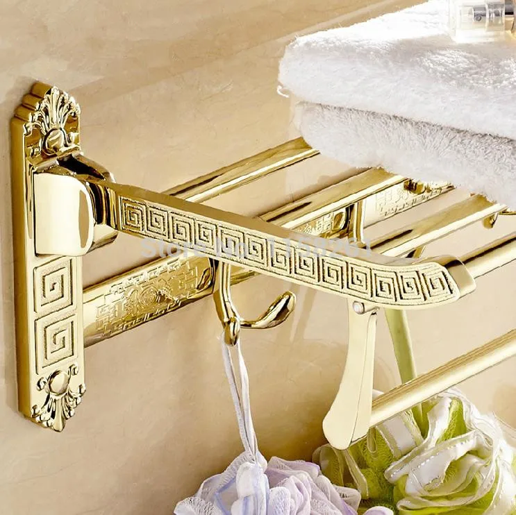

VidricShelves Solid Brass Golder Wall Mount Folding Bath Shelf Towel Bars Rack Home Deco Luxurious Towel Hooks Holder OG-522