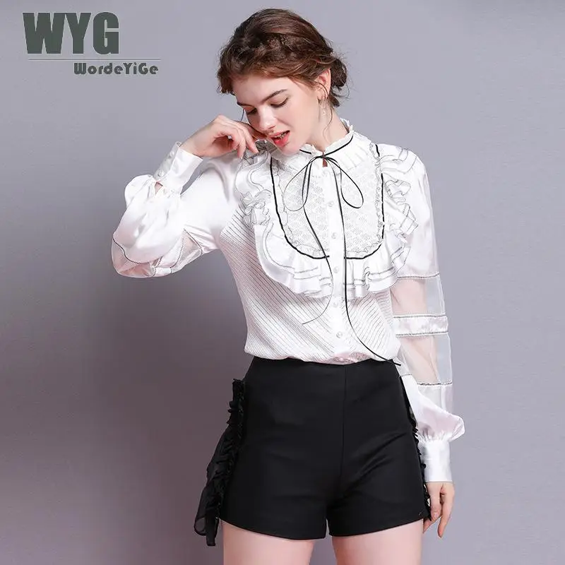 

Women Clothes 2019 Ruffle Blouse High Quality Korean Fashion Pleated Butterfly Collar Long Lantern Sleeve White Blouses Shirts
