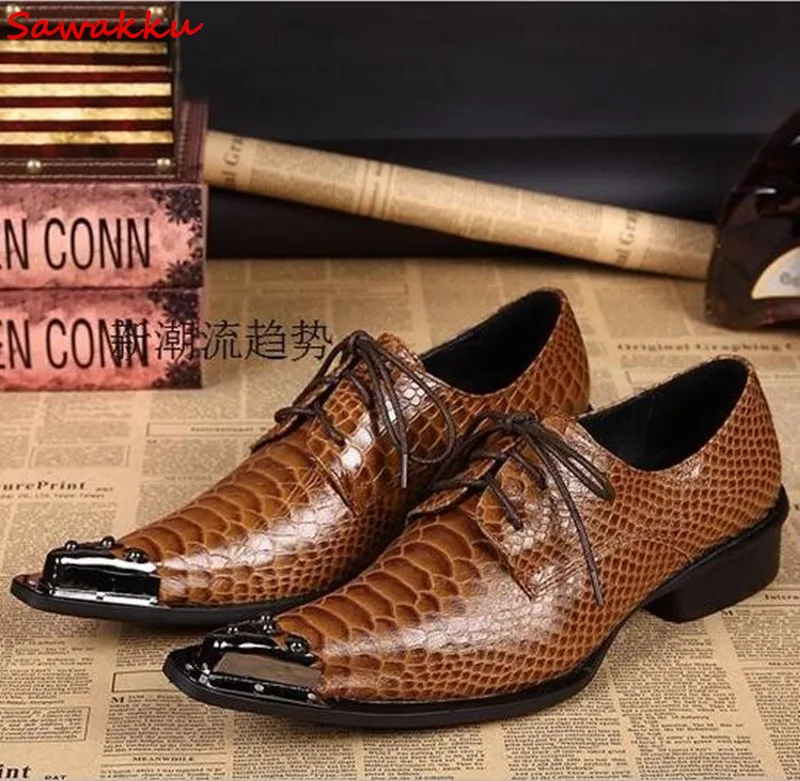 Роскошные дизайнеры обувь для Для мужчин змеиной Оксфорд Туфли под платье на шнуровке с металлическим носком из натуральной кожи Мужская