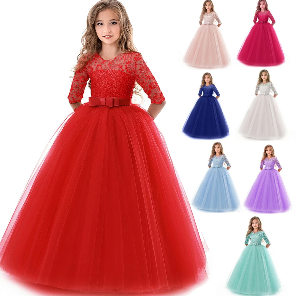 

Girls Lace Half Sleeve Dress Kid Girls First Communion Dresses Tulle Lace Wedding Princess Costume For Junior Children Clothes