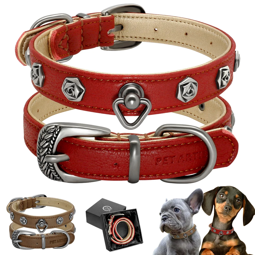 

High Quality Dog Collar Real Leather Puppy Dogs Collars Soft Padded Cool Metal Dog Accessories for Small Medium Dogs With Box