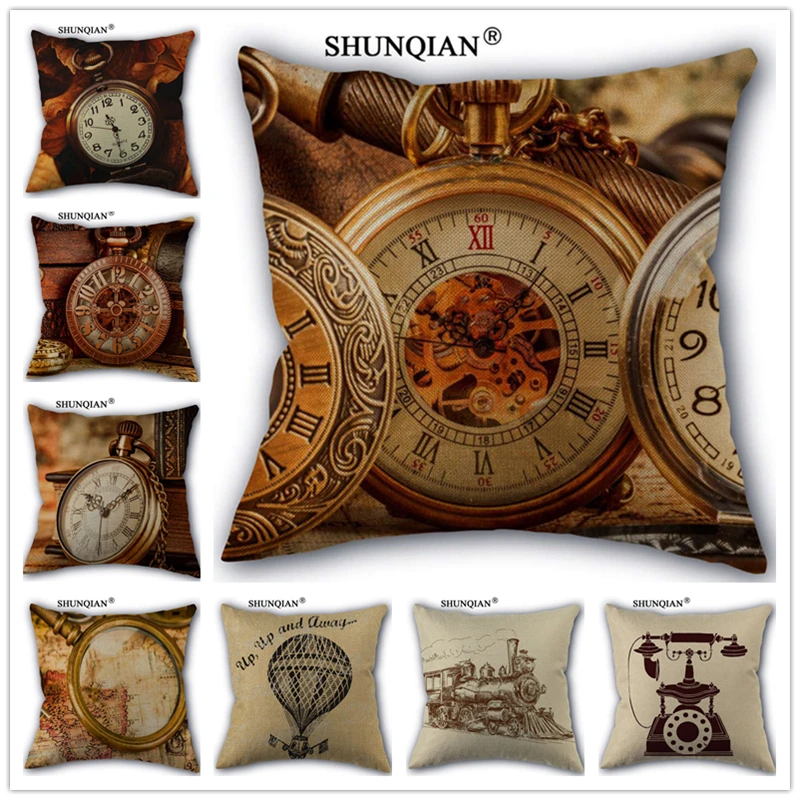 Y418 Vintage Clocks Pillowcase Pillow Cover Cotton Linen Home