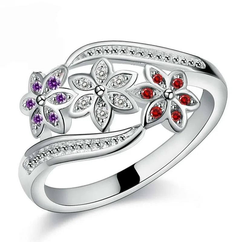 JEXXI Funny Design Three Color CZ Crystal Flower Ring Women Girls Fashion S90 Silver Ring