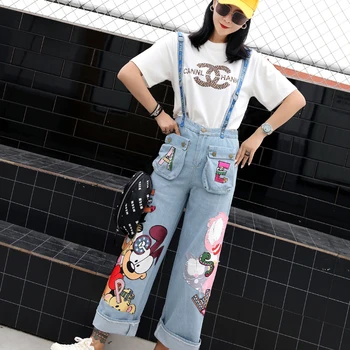 

Spring and summer tide brand strange girl jeans jumpsuit bib pants trousers cartoon Garfield sequins patch pants