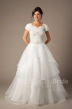 

Vestido de Noiva Ivory Fully Beaded Bodice Modest Wedding Dresses With Cap Sleeves Luxury Ruffles Organza Women Wedding Gowns