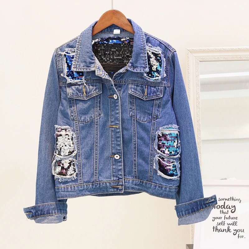 Sequined Hole denim jacket coat Women Autumn denim jackets outwearin