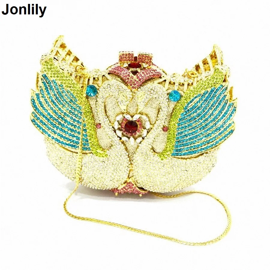 

Gift Box Packed Women full Diamond Swan Shape Hollow Out Crystal Evening Metal Clutches Small Minaudiere Handbag LI-309