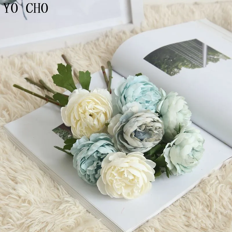 YO CHO 4pcs Artificial Flowers High Quality Tea Rose Silk Flowers Bouquet For Wedding Home Office Decor Fake Flowers Xxmas Decor