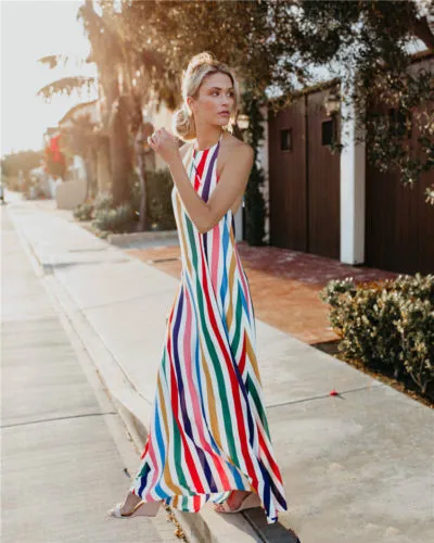 

New Fashion Women Boho Strip Rainbow Dress Summer Beach Halter Long Maxi Dress Casual Holiday Beach Colorful Dress Sundress