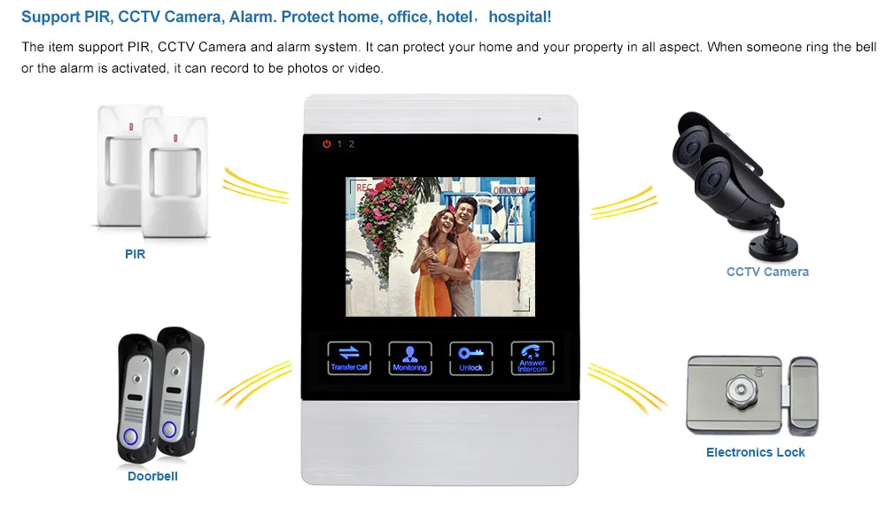 4 inch Wired Video Door Phone Door Bell System Kit Home Security Entry 2 Way Intercom IR Camera ip 65 Waterproof support PIR CCTV Camera and electronic door lock 