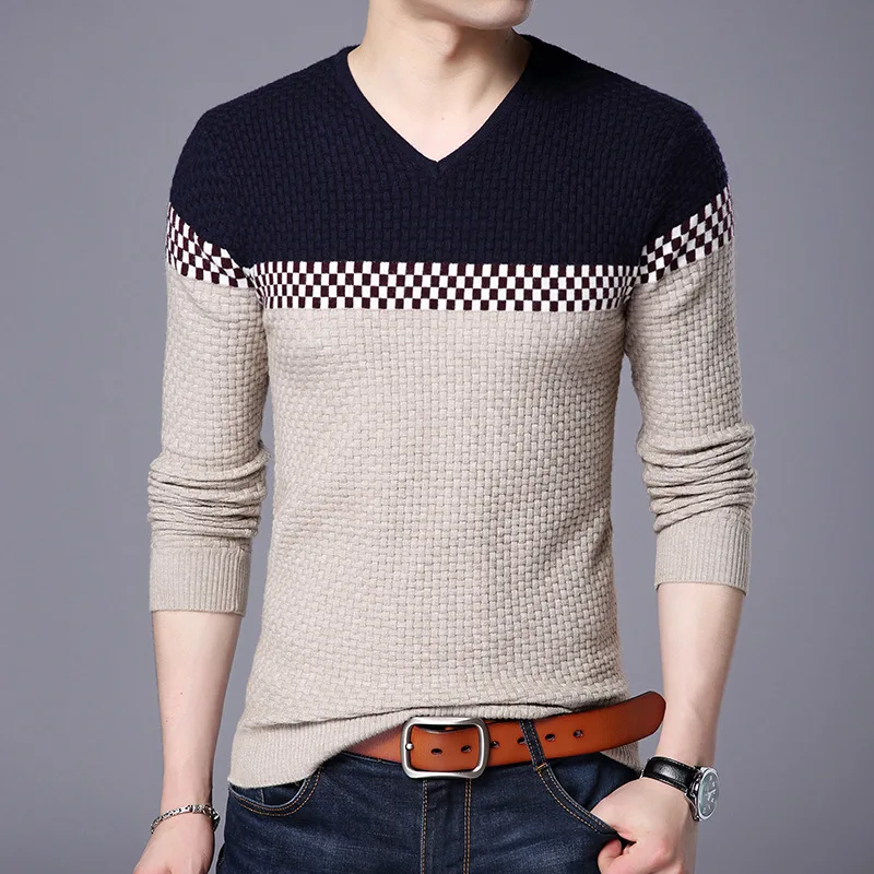 

Autumn Winter Warm Wool Sweaters Casual Hit Color Patchwork V-neck Pullover Men Brand Slim Fit Cotton Sweater