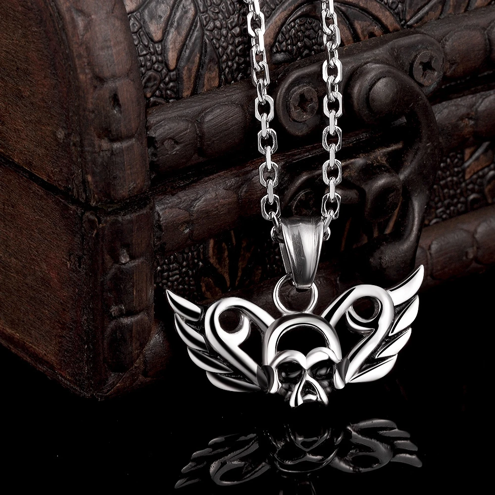 

GOMAYA Skull Wings Stainless Steel Gothic Pendant Necklace Cool Vintage Rock Casual Jewelry for Women and Men Collier