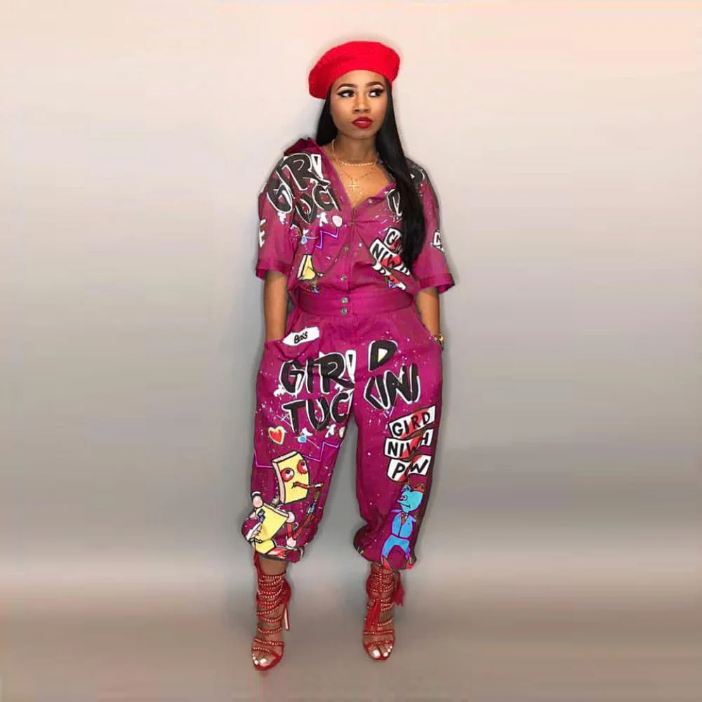 

Letter Print Jumpsuit Pants Women Personality Print Jumpsuits Turn Down Collar Casual Playsuits Ladies Hip Hop Punk Pantsuits