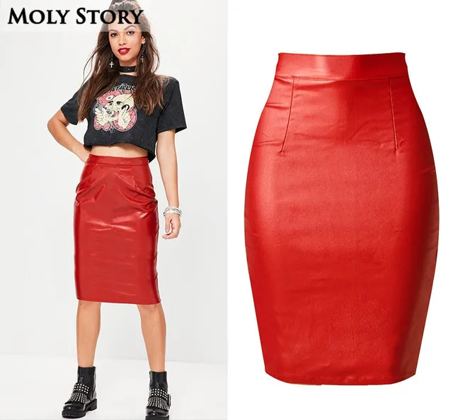 ladies knee length pu red skirts women stretchy high waisted faux red skirts plus size