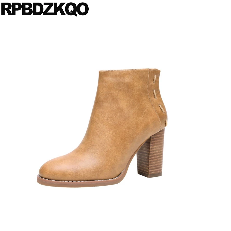 

chinese short high heel chunky fur women ankle boots 2018 round toe shoes booties winter waterproof autumn brown fall vintage