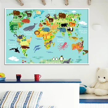 

Nordic Children Kawaii Cartoon Animals World Map, Canvas Print Painting Poster Wall Pictures For Kids Room Home Decor