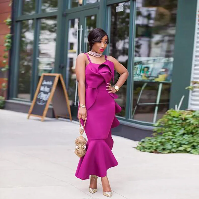 African Spaghetti Prom Dresses 2018 Fushia Satin Mermaid Evening Gowns Ruffles Plus Size Mermaid Formal Party Dress Custom Made99