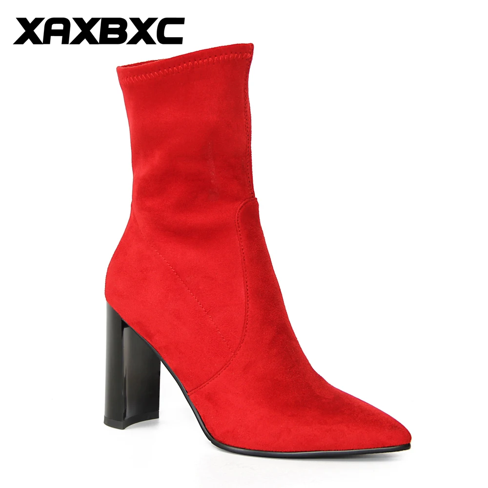 

2019 New Winter Spring Autumn Flock Short Mid Calf Boots Warm Women High Heels Short Fur Boots Ladies Mujer Shoes