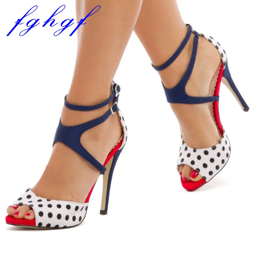 

Fghgf 2018 New 11cm heel height, black and white polka dot cloth and sexy lady's sandals with instep straps
