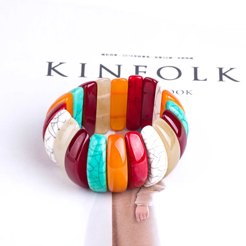 GuanLong Classic Resin Cuff Fashion Bracelets Bangles Women Stretch Acrylic Wide Rainbow Bracelets Female Charm Simple Jewelry (1)
