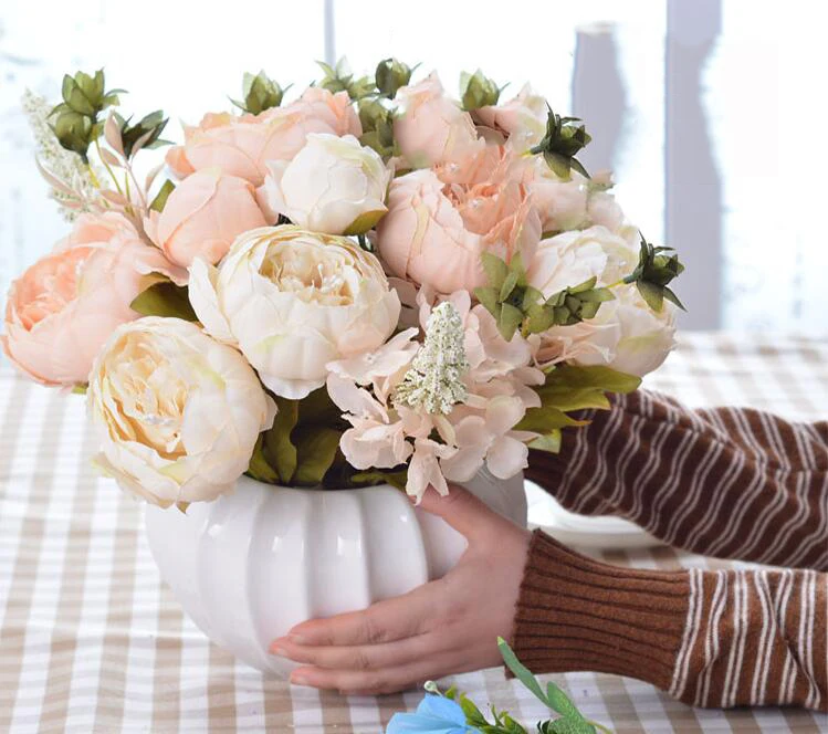 Современная керамическая бутылка в виде тыквы ваза+ Шелковый цветок набор домашнего интерьера ремесло украшение гостиной рабочего стола ремесла Цветочная композиция