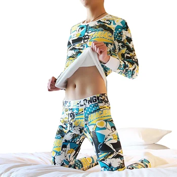 

KWAN.Z men's long johns winter thermal underwear print thicker plus velvet cueca thermos underwear men tights termica hombre