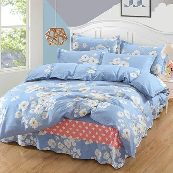 

Blue white big flowers Bedding 100% cotton 4pcs bedspread bed skirts soft pillowcase twin full queen King Princess bedclothes