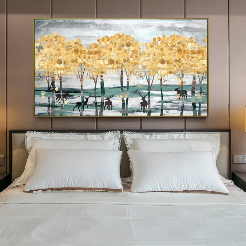 

Modern Abstract Landscape Golden Money Treesand Deer Pictures Wall Art Canvas Painting for Living Room Home Decoration No Frame