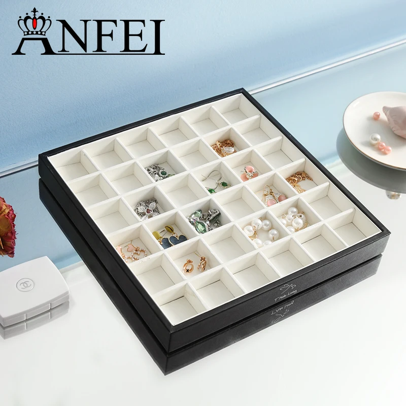 

ANFEI New Arrivals 36 Grids Jewelry Display Solid Wood With Leather Material Display Tray For Jewelry Shop Jewelry Organizer