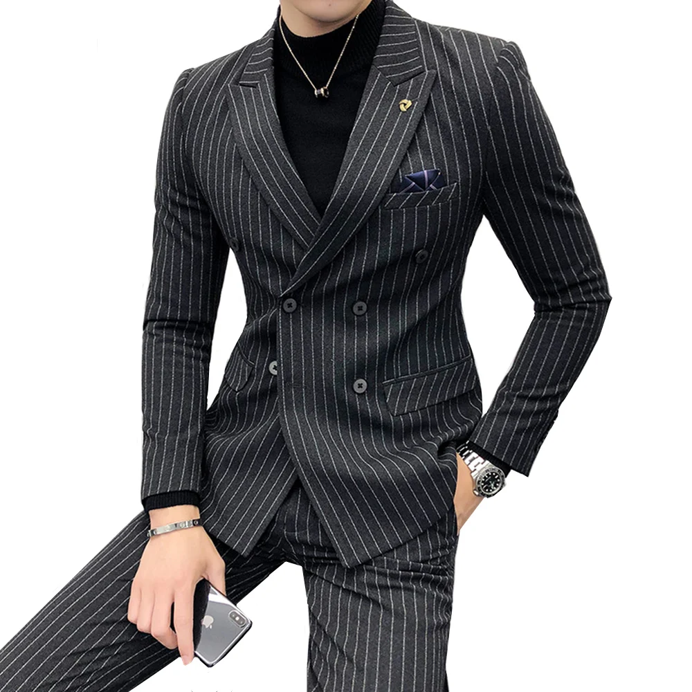 

( Jacket + Pants ) High-end Fashion Striped Men's Formal Double-breasted Business Suit Groom Wedding Dress Mens Suit 2 Piece Set